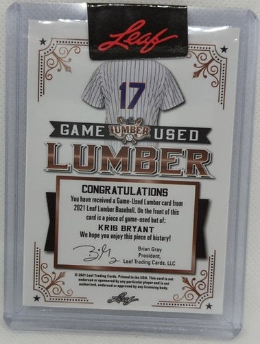 KRIS BRYANT 2021 Leaf Lumber JUMBO Game Used BAT Relic Patch SP #/9 Cubs Rockies