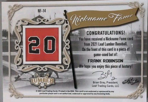 FRANK ROBINSON 2021 Leaf Lumber Judge Game Used BAT PATCH Relic #/7 Orioles Reds