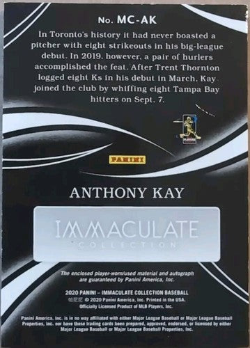 ANTHONY KAY 2020 Panini Immaculate Eye Black AUTO LAUNDRY TAG LOGO PATCH SP #/10