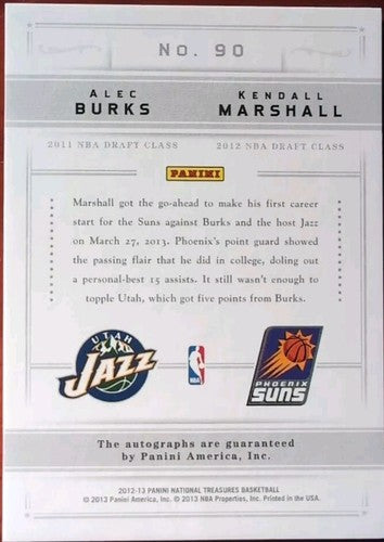 Alec BURKS Kendall MARSHALL 2012-13 Panini National Treasures DUAL AUTO #01/99