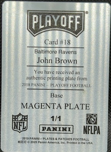 JOHN BROWN 2018 Panini Playoff PRINTING PLATE SP #1/1 Rams 2019 Patches One of