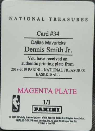 DENNIS SMITH JR. 2018-19 Panini National Treasures PRINTING PLATE #1/1 Mavericks