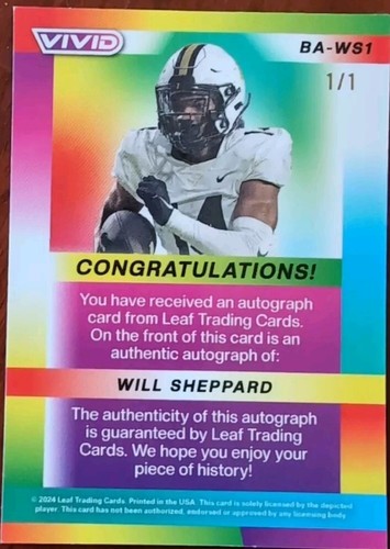 WILL SHEPPARD 2024 Leaf Vivid AUTO Navy Blue Laser SP #1/1 Colorado Vanderbilt