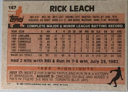 RICK LEACH 2016 Topps 65th Anniversary 1983 Buyback BLACK Stamped SP Tigers #147