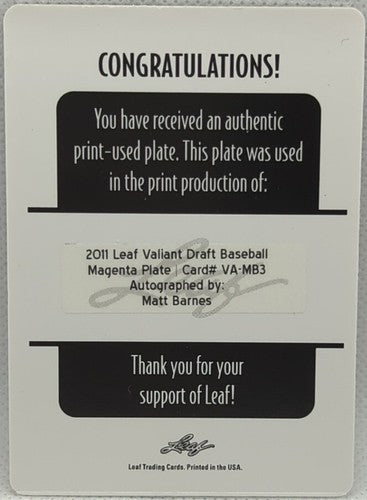 MATT BARNES 2011 Leaf Valiant RC PRINTING PLATE AUTO Autograph SP 1/1 Red Sox of