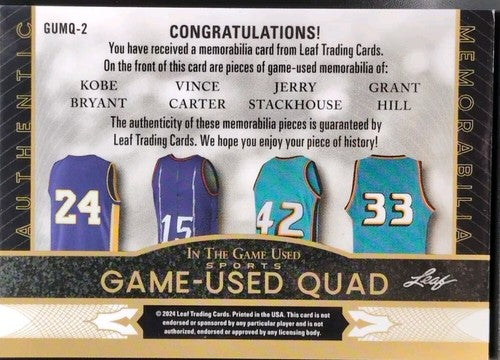 Kobe BRYANT Vince CARTER Grant HILL 2024 In The Game Used QUAD Jersey PATCH #5/7