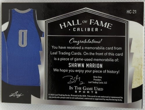 SHAWN MARION 2022 Leaf In the Game Used Worn Jersey RAINBOW SP #10/12 Mavs Suns