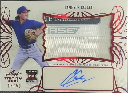 CAMERON CAULEY 2021 Leaf Trinity DUAL AUTO Jersey LAUNDRY TAG PATCH #/50 Rangers