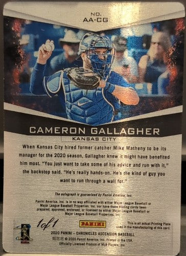 CAMERON GALLAGHER 2020 Panini Chronicles Ascension AUTO PRINTING PLATE SP 1/1 KC