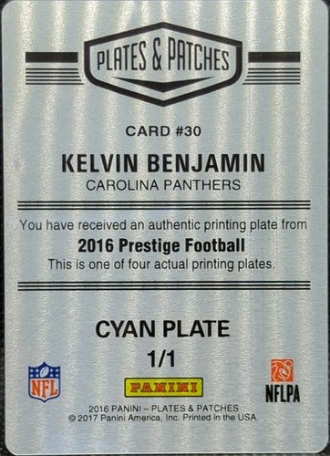KELVIN BENJAMIN 2016 Panini Prestige PRINTING PLATE #1/1 Panthers Patches One of