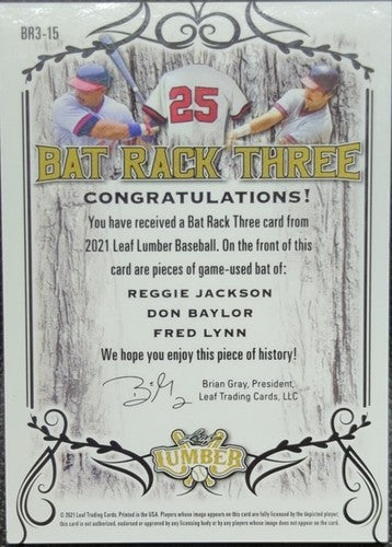 Reggie JACKSON Fred LYNN Don BAYLOR 2021 Leaf Lumber TRIPLE Game Used BAT SP /20