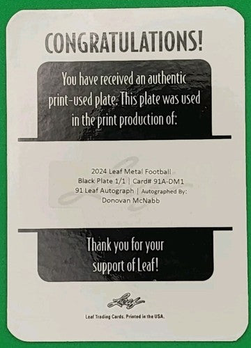 DONOVAN McNABB 2024 Leaf Metal 1991 AUTO PRINTING PLATE SP 1/1 Eagles Vikings of