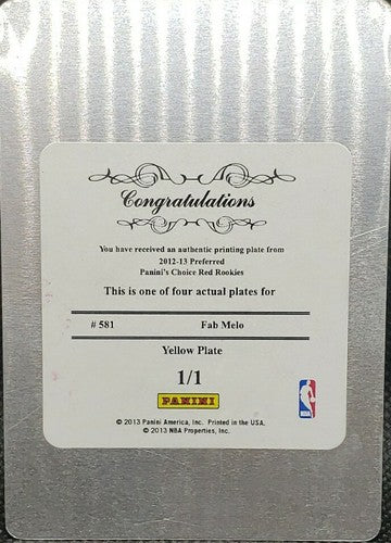 FAB MELO 2012-13 Preferred Panini's Choice RC PRINTING PLATE #1/1 Celtics One of