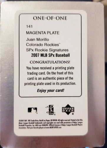 JUAN MORILLO 2007 SPx Rookie Signatures Magenta PRINTING PLATE #1/1 of 1 Rockies