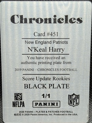 ð N'KEAL HARRY 2019 Panini Chronicles RC PRINTING PLATE #1/1 Patriots Bears of