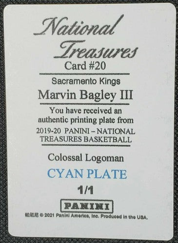 MARVIN BAGLEY III 2019-20 National Treasures Logoman PRINTING PLATE SP 1/1 Kings
