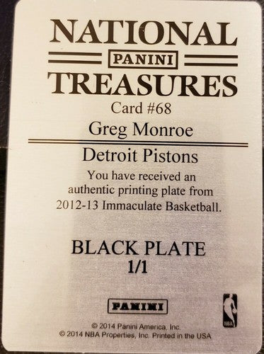 GREG MONROE 2012-13 Panini Immaculate Logoman PRINTING PLATE #1/1 Pistons Bucks