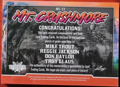 Mike TROUT Reggie JACKSON Troy GLAUS Don BAYLOR 2024 Leaf Lumber QUAD BAT PATCH