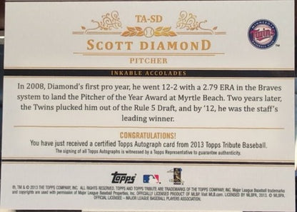 SCOTT DIAMOND 2013 Topps Tribute Baseball AUTO SP #/50 Minnesota Twins Blue Jays