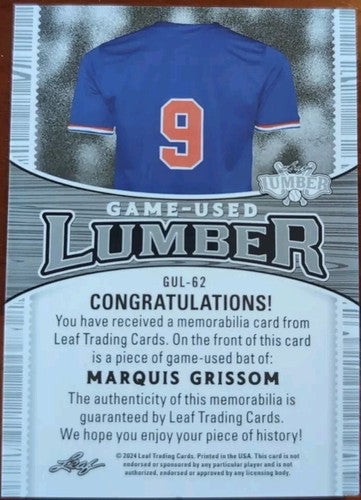 MARQUIS GRISSOM 2024 Leaf Lumber JUMBO Game Used BAT PATCH Relic /5 Expos Giants