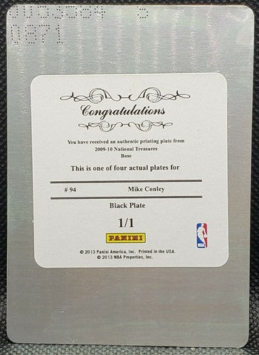 MIKE CONLEY Jr. 2009-10 Playoff National Treasures PRINTING PLATE #1/1 Grizzlies