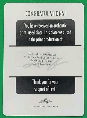 WILLIE RANDOLPH 2022 Leaf Game Used Lumber PRINTING PLATE SP 1/1 Yankees Mets of