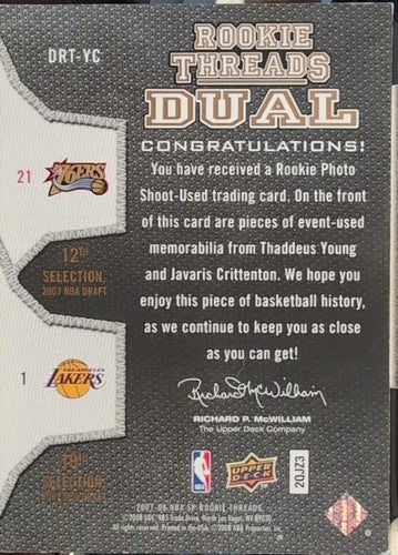 Thaddeus YOUNG Javaris CRITTENTON 2007-08 SP Rookie Threads DUAL RC JERSEY Relic