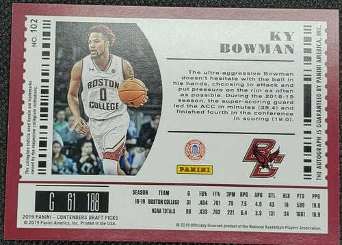 KY BOWMAN 2019 Panini Contenders Draft Picks Playoff Ticket RC AUTO /18 Warriors