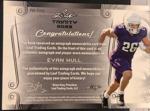 EVAN HULL 2023 Leaf Trinity DUAL RC AUTO JUMBO Northwestern LOGO PATCH /15 Colts
