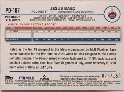 JESUS BAEZ 2024 Topps Pro Debut RC AUTO BLUE FOIL REFRACTOR SP #075/150 FCL Mets