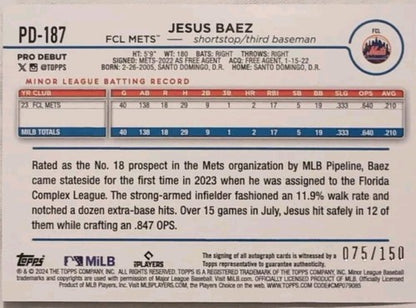 JESUS BAEZ 2024 Topps Pro Debut RC AUTO BLUE FOIL REFRACTOR SP #075/150 FCL Mets