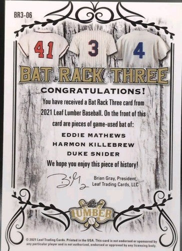 Harmon KILLEBREW Duke SNIDER Eddie MATHEWS 2021 Leaf Lumber TRIPLE BAT PATCH 1/2
