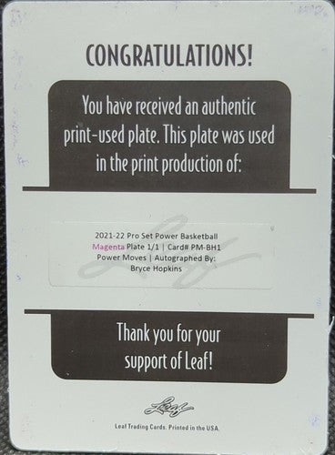 BRYCE HOPKINS 2021-22 Leaf Pro Set Power RC AUTO PRINTING PLATE SP #1/1 One of