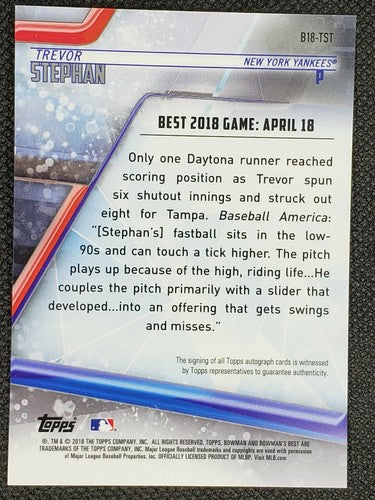 TREVOR STEPHAN 2018 Topps Bowman's Best Of 18 Prospect Rookie RC AUTO SP Yankees