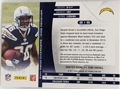 â¡ VINCENT BROWN 2011 Panini Absolute Memorabilia RC Jersey LAUNDRY TAG PATCH #/5