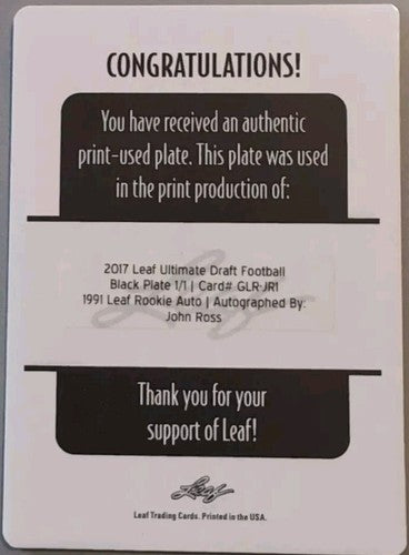 JOHN ROSS III 2017 Leaf Ultimate Draft 1991 RC AUTO PRINTING PLATE #1/1 Bengals