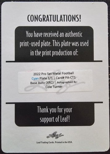 COLE TURNER 2022 Pro Set Metal XRC AUTO PRINTING PLATE SP #1/1 Commanders Nevada