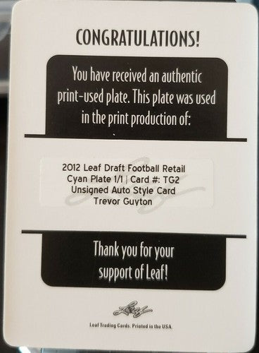 TREVOR GUYTON 2012 Leaf Draft Auto Style RC PRINTING PLATE SP 1/1 Vikings One of