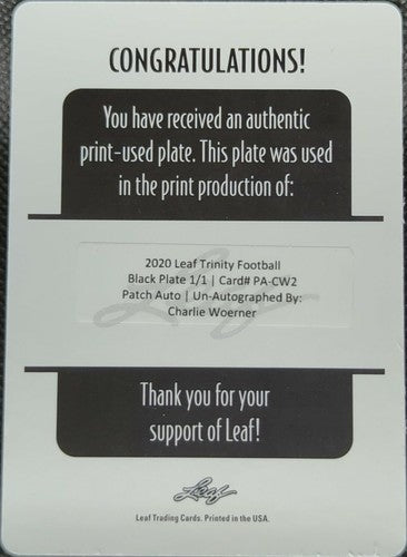 CHARLIE WOERNER 2020 Leaf Trinity RC PRINTING PLATE SP #1/1 49ers Georgia One of