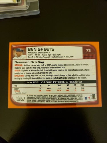BEN SHEETS 2008 Topps Bowman Chrome Orange Refractor SP #03/25 Milwaukee Brewers