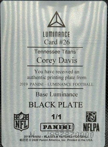 COREY DAVIS 2019 Panini Luminance PRINTING PLATE #1/1 Titans Jets Patches One of