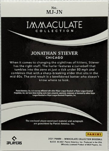 JONATHAN STIEVER 2021 Panini Immaculate RC AUTO Jersey BUTTON PATCH /6 White Sox