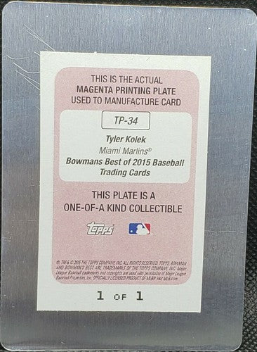 TYLER KOLEK 2015 Bowman's Best Top Prospects RC PRINTING PLATE SP #1/1 Marlins