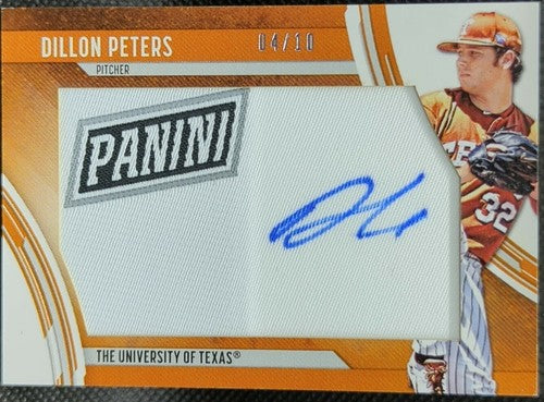 DILLON PETERS 2017 Panini Day RC AUTO JUMBO BRAND LOGO PATCH #4/10 Pirates Texas