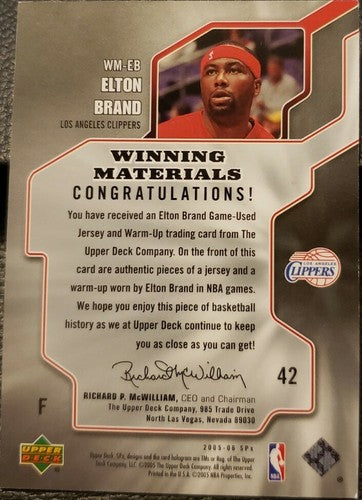 ELTON BRAND 2005-06 Upper Deck SPx Winning Materials Dual Jersey WarmUp Clippers