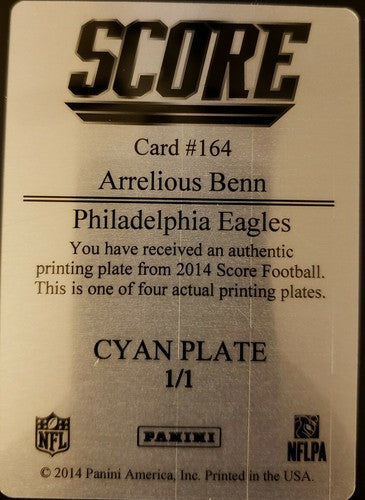 ARRELIOUS BENN 2014 Panini Score Cyan PRINTING PLATE #1/1 of 1 Eagles Buccaneers