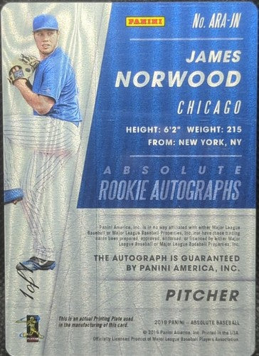 JAMES NORWOOD 2019 Panini Absolute RC AUTO PRINTING PLATE SP #1/1 Cubs One of