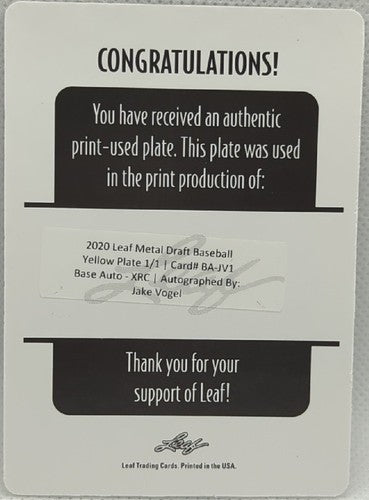 JAKE VOGEL 2020 Leaf Metal Draft RC AUTO PRINTING PLATE SP #1/1 Dodgers One of