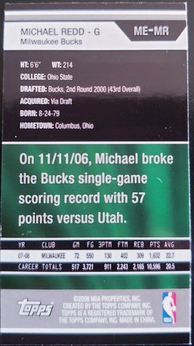 MICHAEL REDD 2008-09 Topps Rip Card MINI Exclusives SP #ME-MR Milwaukee Bucks