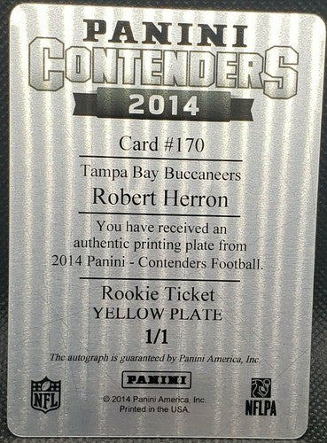 ROBERT HERRON 2014 Panini Contenders AUTO PRINTING PLATE #1/1 Buccaneers One of